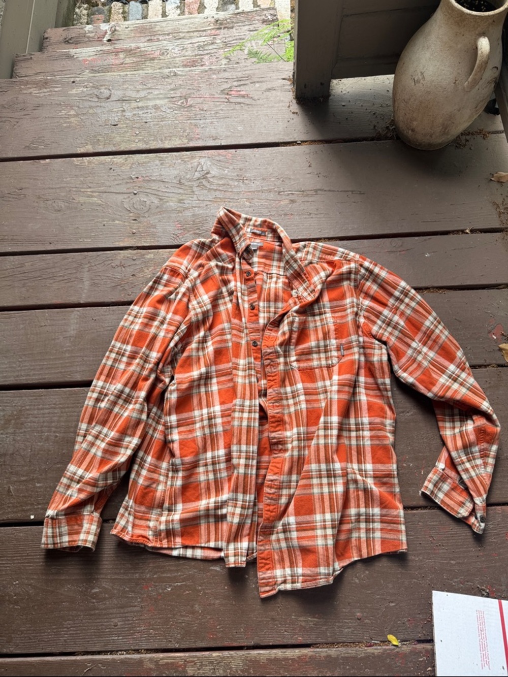 Eddie Bauer Orange and Cream Plaid Button-Down Shirt